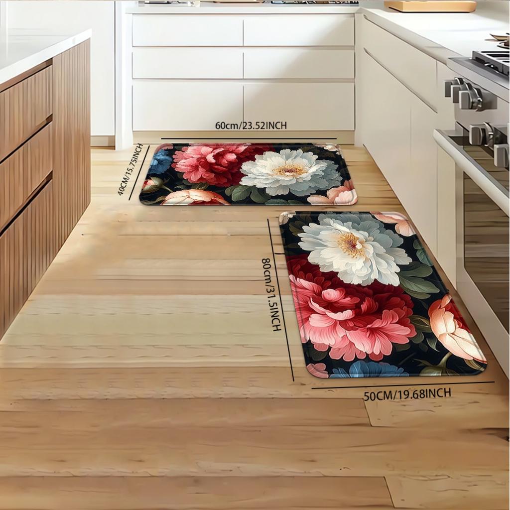 1Pcs Anti Fatigue Kitchen Rugs,   Flowers Print Waterproof Non-Slip Thick Cushioned Kitchen Mat Heavy Duty Comfort Standing Mat for Kitchen