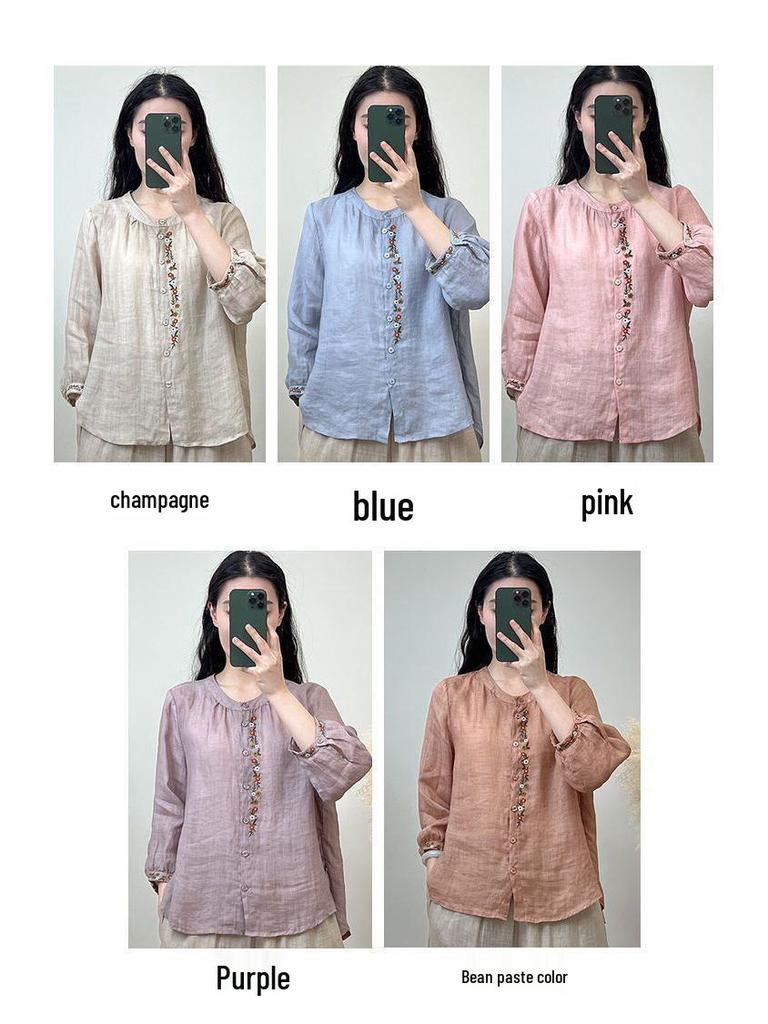 Women's Summer Cotton Linen Embroidered Top - Retro National Style, Light & Versatile