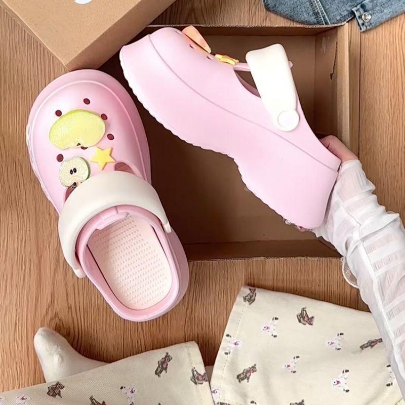 Thick-soled Heightening Beach Mary Jane Cool Slippers 2025 Summer and Autumn New Internet Celebrity Cute Apple Hole Shoes Women's Wear