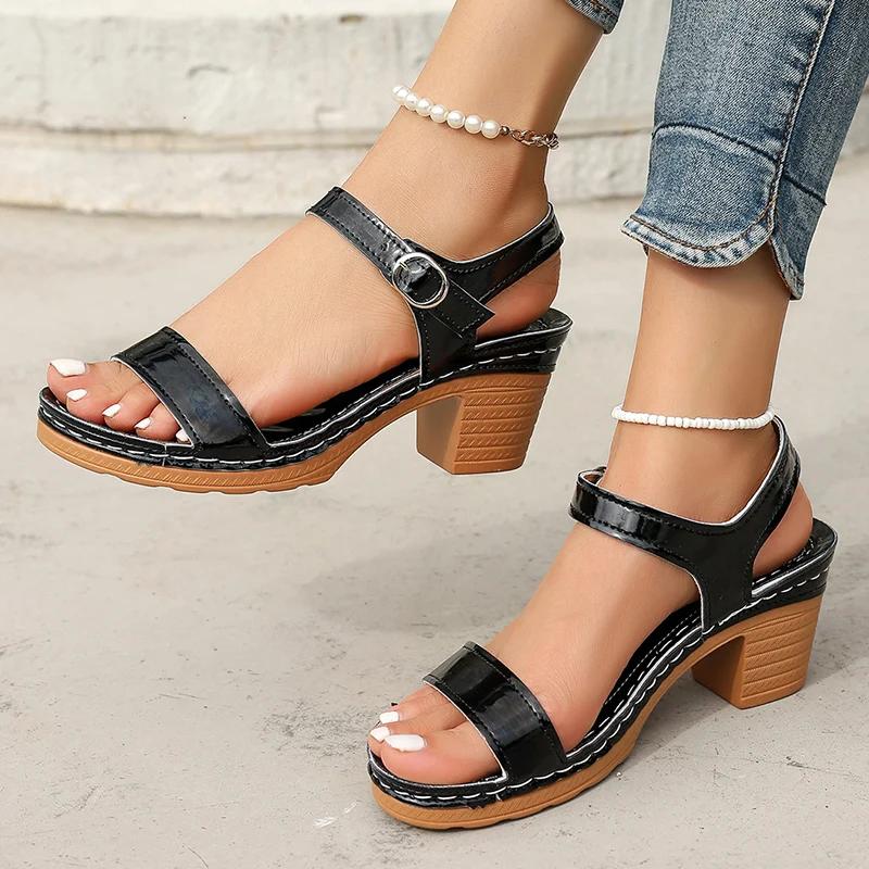 

Ankle Strap Chunky Heel Sandals for Women Summer 2025 Lightweight Casual Beach Shoes Woman Plus Size Fashion High Heels Sandals 43 чёрный