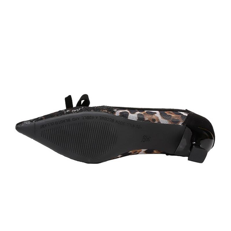 Sexy Lace Kitten High Heels Women Pumps Bowknot Low-heel Women Shoes Leopard Print Sexy Party Shoes Large Size 43 Ladies Sandals