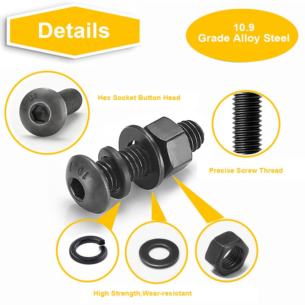2000 Black Round Head Hexagon Socket Screws, Washer Nut Combination Kit