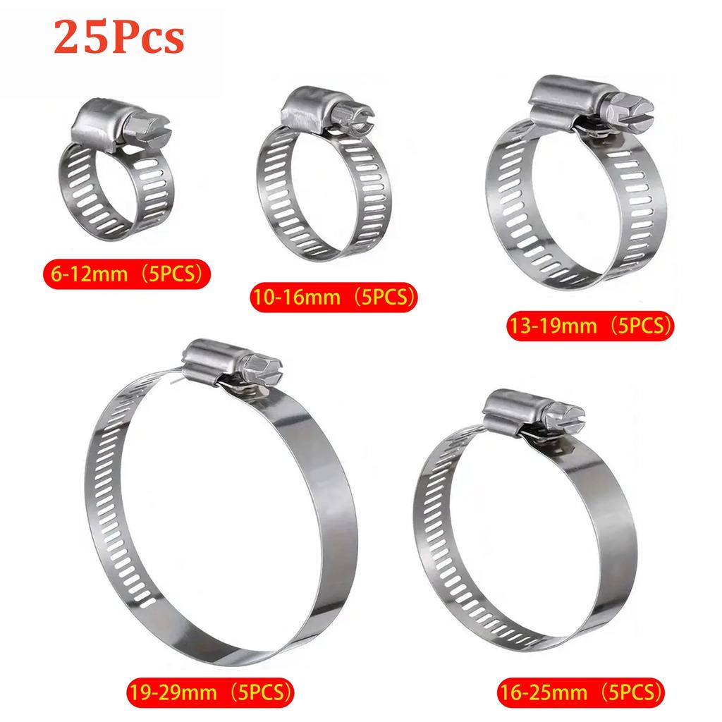 25Pcs Adjustable Stainless Steel Hose Clamps Assortment Kit, Worm Gear Pipe, Fuel LineHeavy Duty for Plumbing, Washing Machine