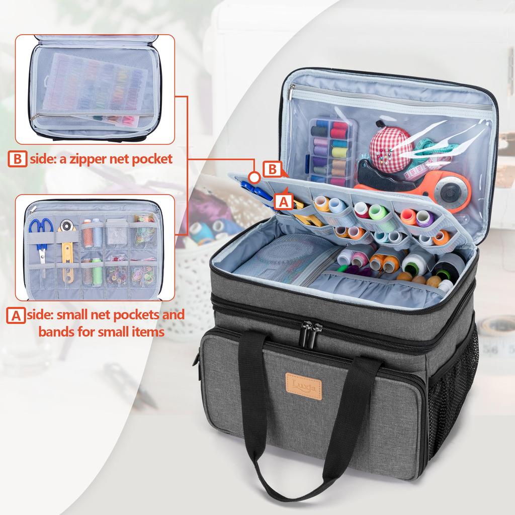 Luxja Sewing Box, Large Capacity Sewing Bag, Two-Tier Storage, Multi-Pocket, Sewing Tool Storage, Portable Sewing Bag, Bag Only, Gray