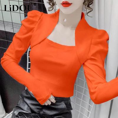 Frühling Neues Französisches Stil Quadratischer Ausschnitt Langarm T-Shirt 2023 Damen Einfarbig Puffärmel Temperament Schlank Elegant Pullover