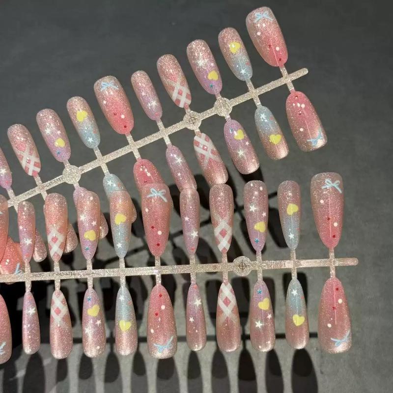 30-Piece Set of Medium-Length Oval Cat-Eye Press-On Nails, High-End Ice Translucent Gradient Manicure