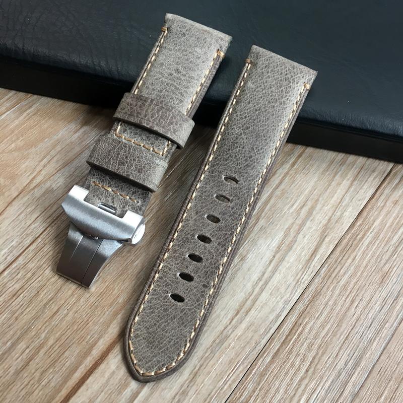 AAA Qualität 24mm Braun Grau Vintage Retro Italien Echtleder Armband für PAM111 PAM Uhrenarmband mit Schmetterlingsschnalle Gürtel