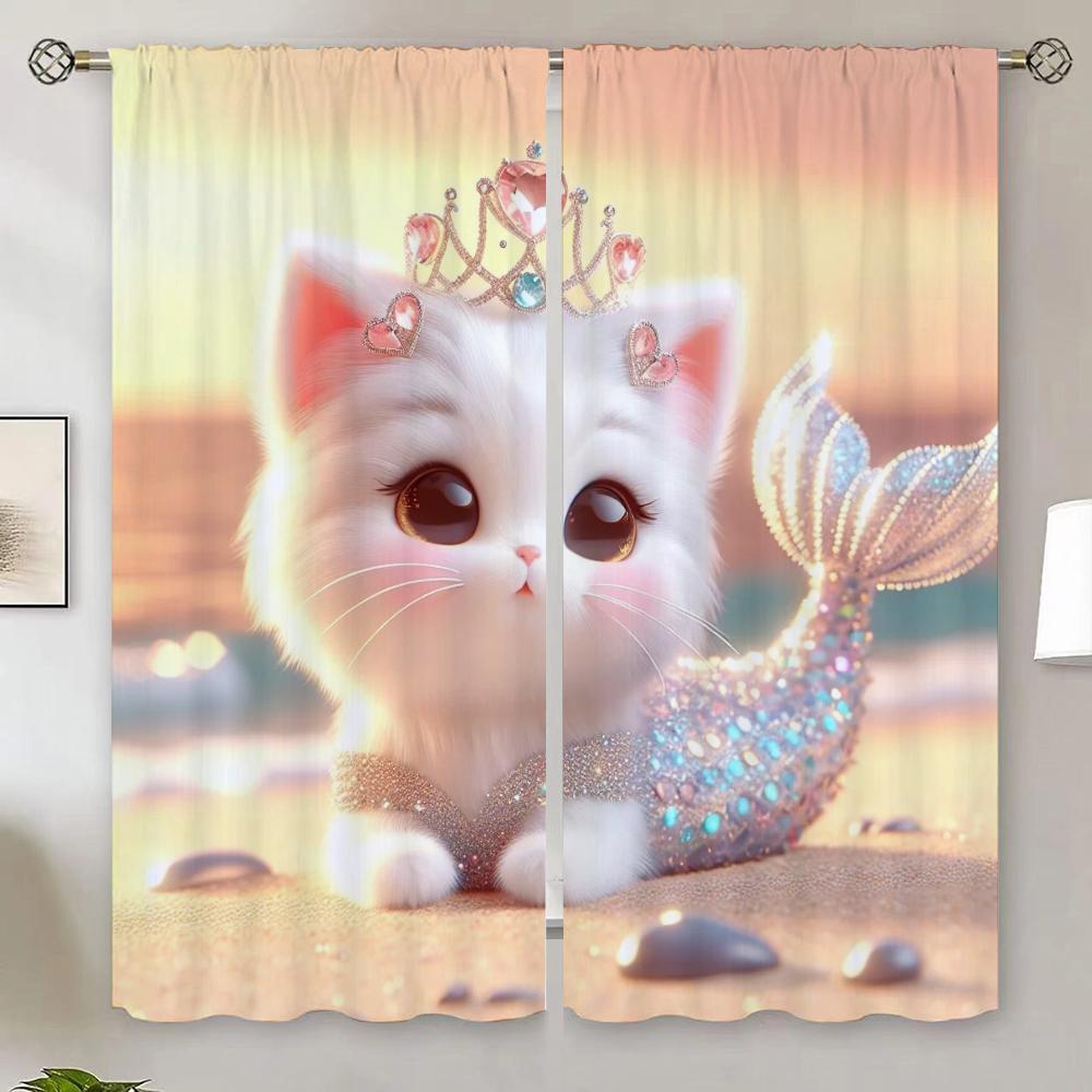 Mermaid Cat Elegant Room Curtains for Living Room Cheap Things With Free Shipping for Home Interior Curtains Blackout Curtain