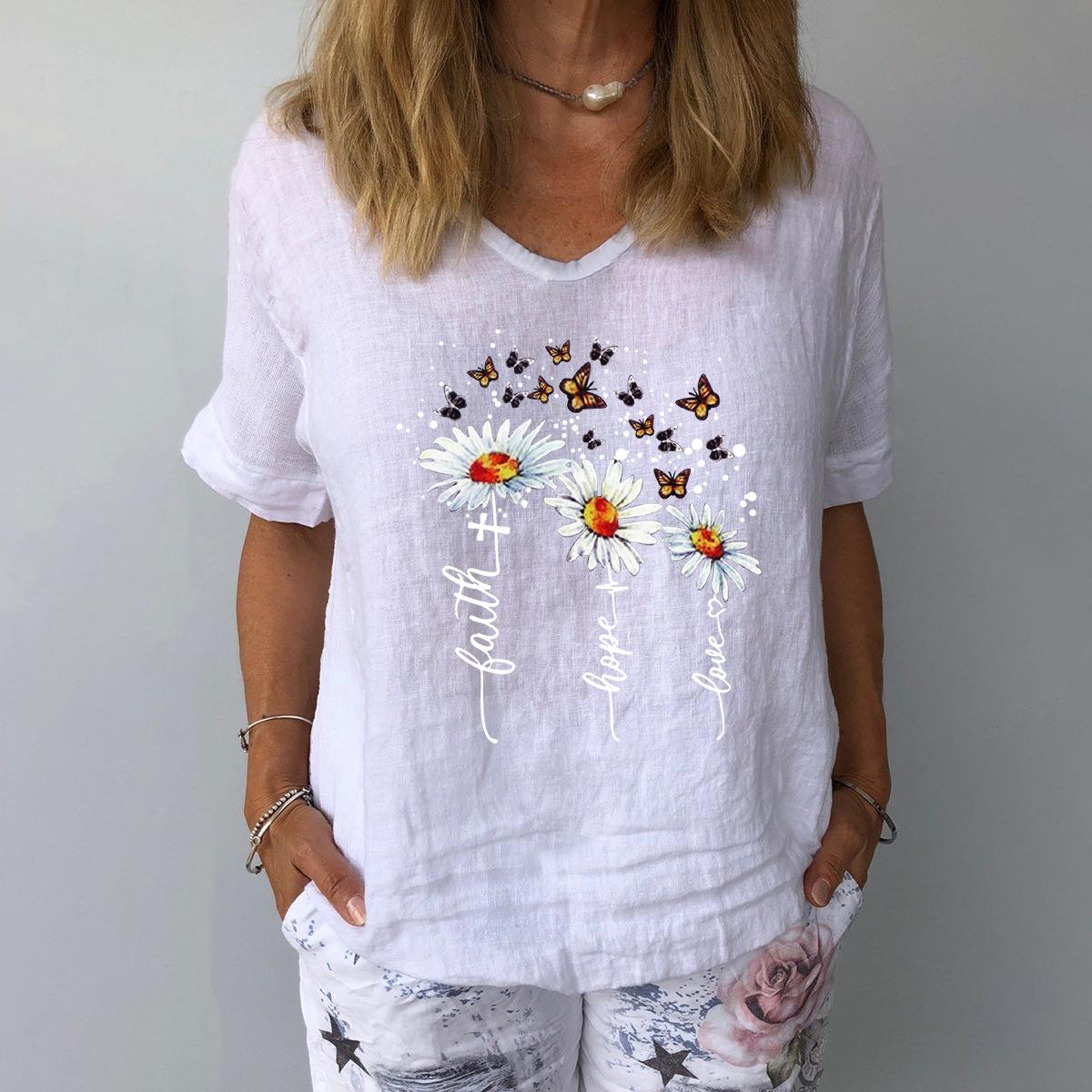 Повседневная женская футболка с V-образным вырезом, блузка с короткими рукавами и принтом Маргариты и бабочки, топ для XXXL
