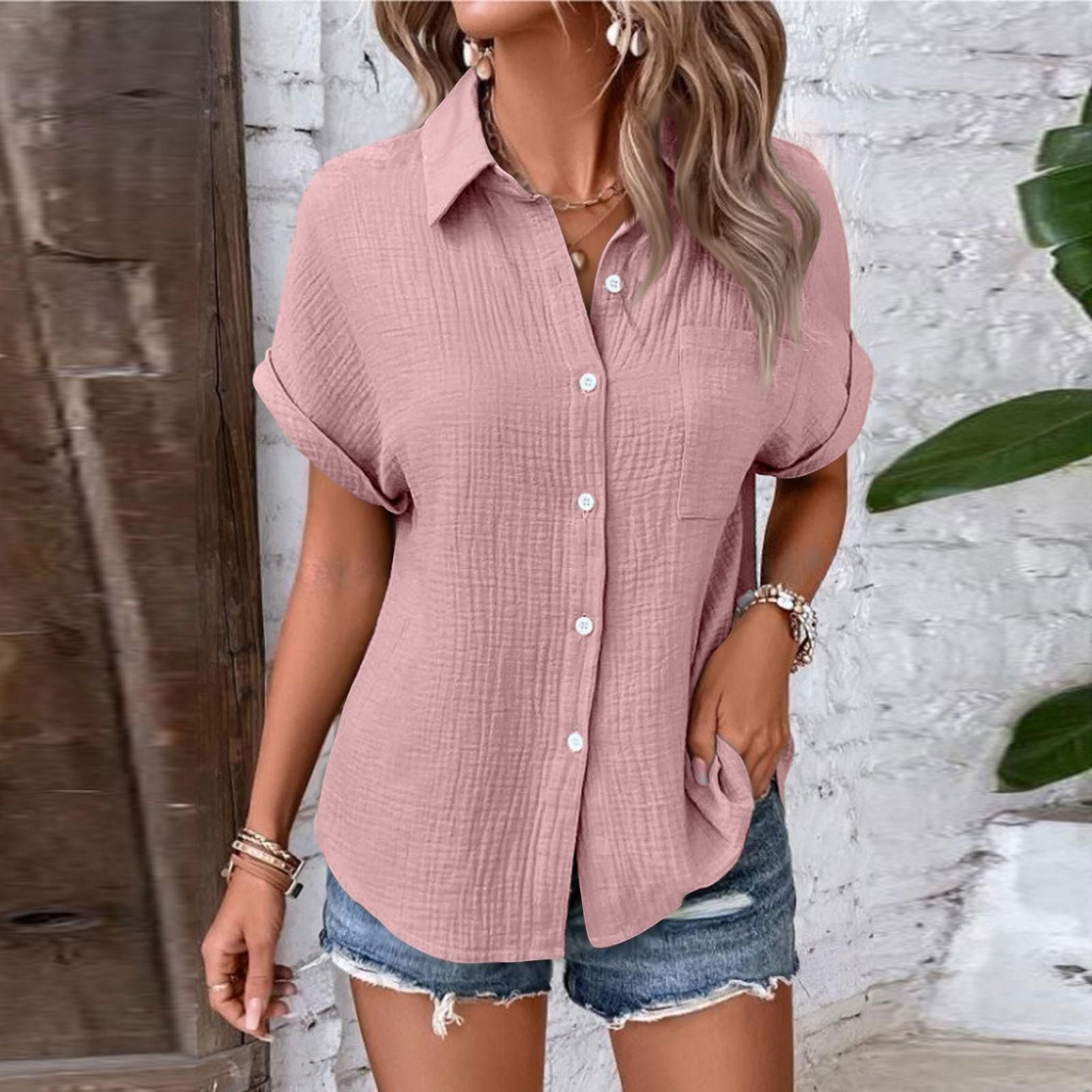 

Женские рубашки на пуговицах с коротким рукавом, повседневная рубашка с воротником, свободные блузки, однотонные топы с карманом XL розовый