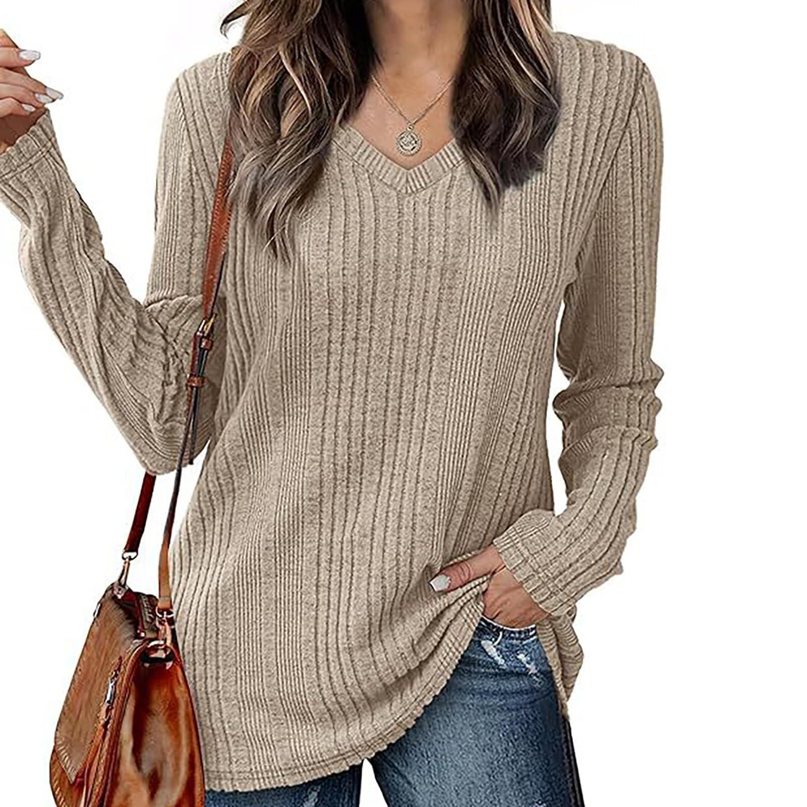 

Женская модная повседневная однотонная футболка с V-образным вырезом и длинным рукавом, удобный топ XL хаки