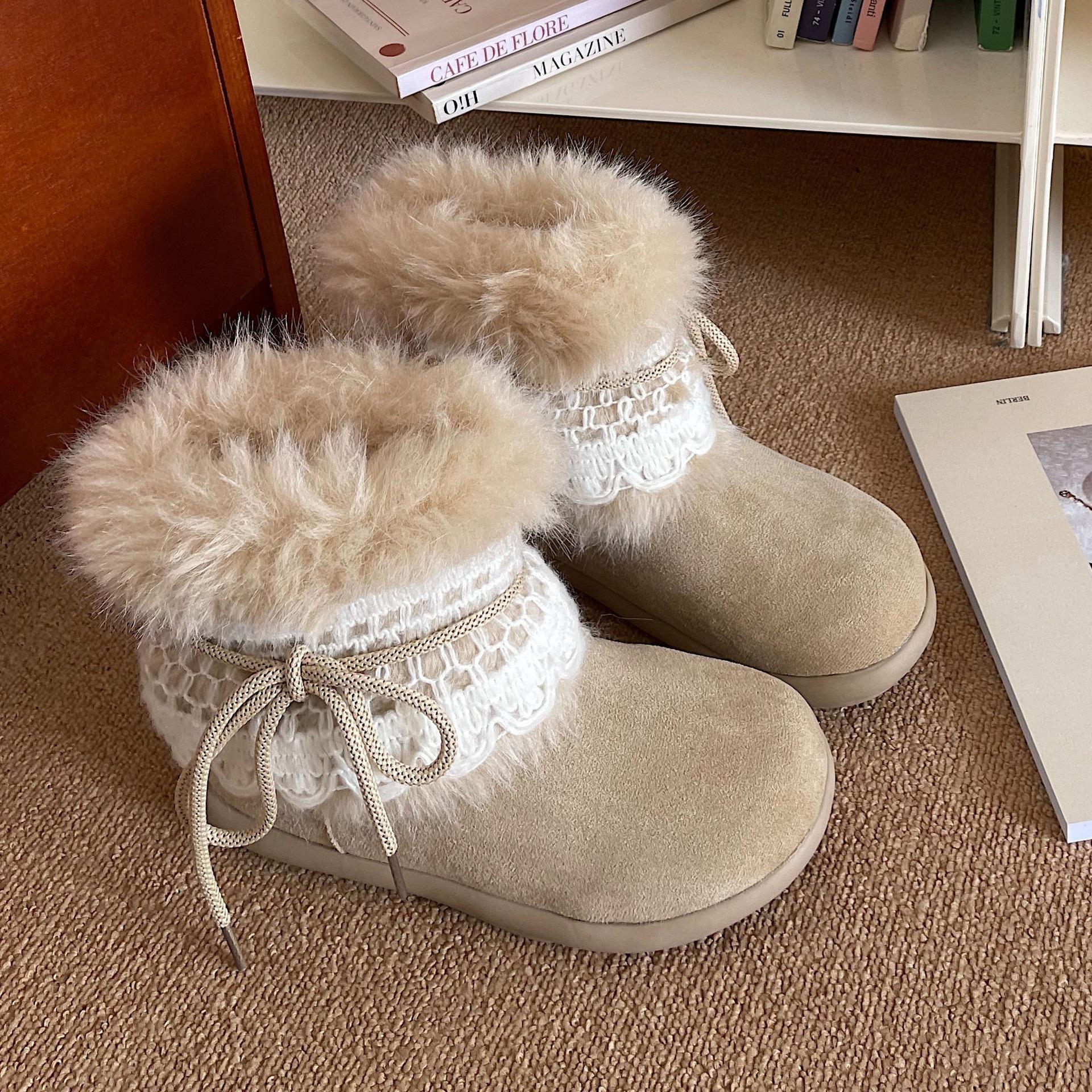 

Retro casual versatile snow boots for women s autumn and winter new thick-soled fluffy plush thickened warm large cotton shoes 40 бежевый