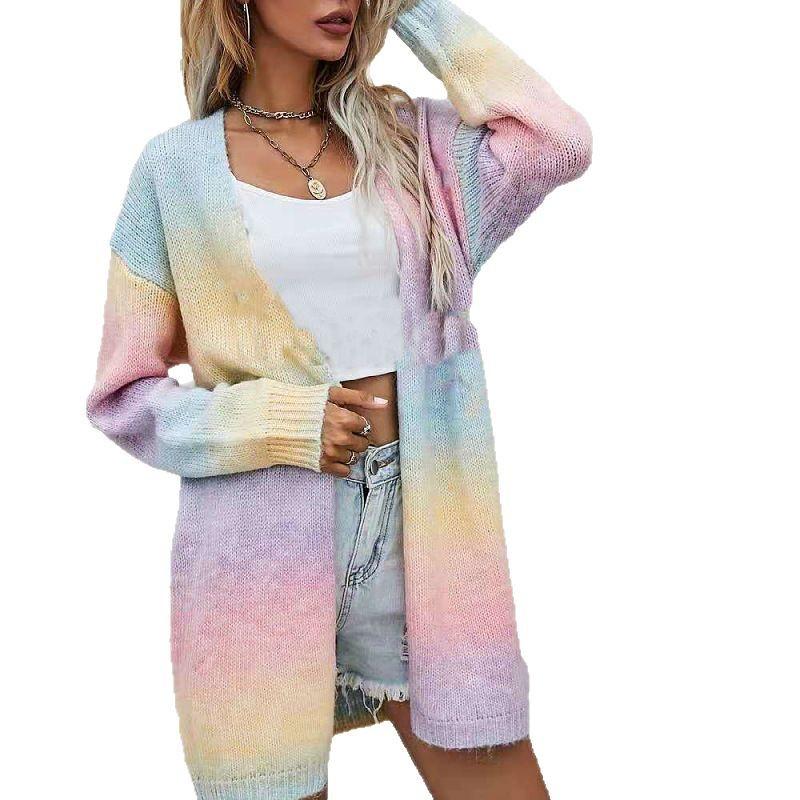 Autumn and Winter New European and American Women's Cardigan Sweater Rainbow Mid-Length Cardigan Knit Jacket for Women