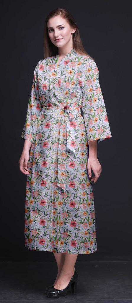 Bimba Light Purple Floral Leaves & Tazetta Daffodils Long Robes For Women Printed Bride Getting Ready Bridesmaid Robes Cotton Bathrobes