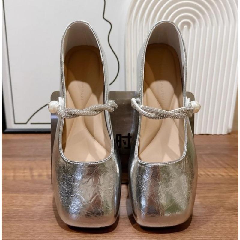 New Style Silvery Women Square Toe Mary Jane Shoes Casual Outdoor Soft Sole Flat Spring Autumn Wedding Party Shoes Zapatos Mujer