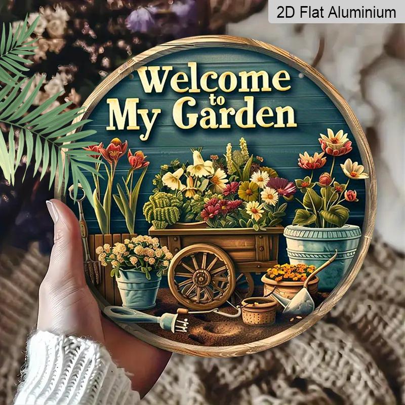 2D Flat, 1pc Vintage Aluminum Welcome To My Garden Sign - Weatherproof Floral Mural Wall Art with Hanging Rope, Rustic Indoor/Outdoor Decor for Home