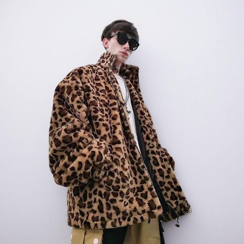 Leopard print fur jacket men's and women's clothing couple winter coat loose jacket imitation rabbit fur plush cotton coat thickened large size