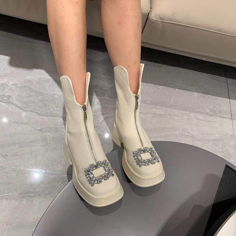 Martin Boots, Women's Autumn Single Boots, Thick Soled Sponge Cake High Heels, Front Zipper White Short Boots, Rhinestone Slim Boots