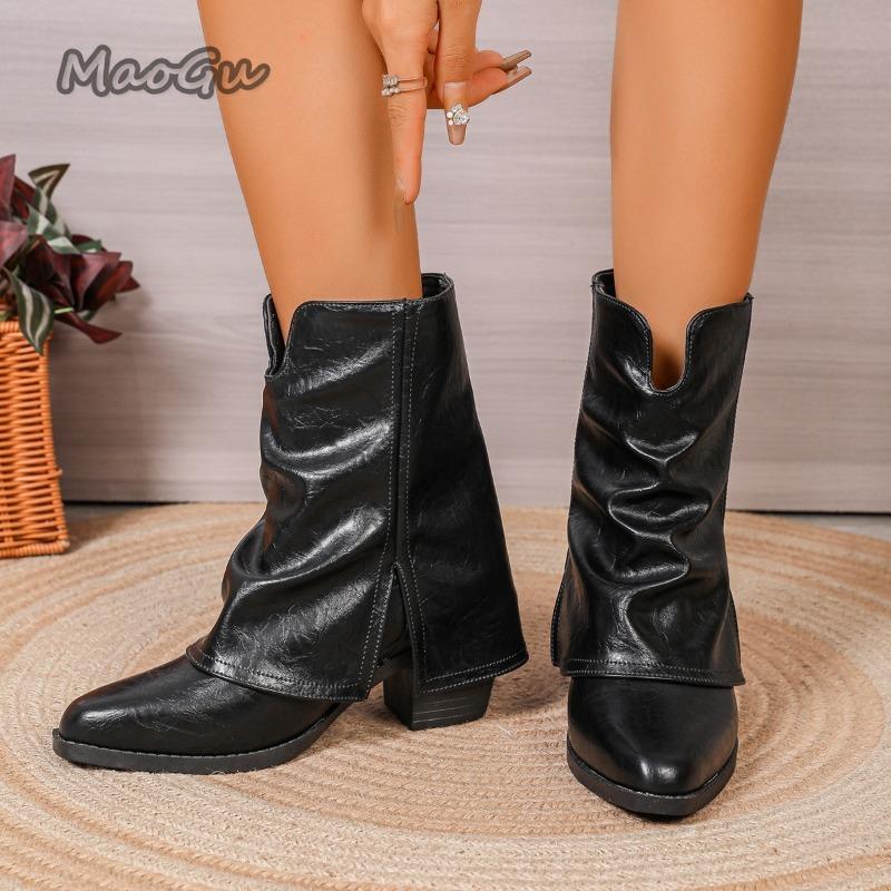 British Style Pointed Toe Trousers Boots for Women Stacked Mid-Calf High Boots Autumn 2025 Plus Size 36-43 Bottes Femmes Leather
