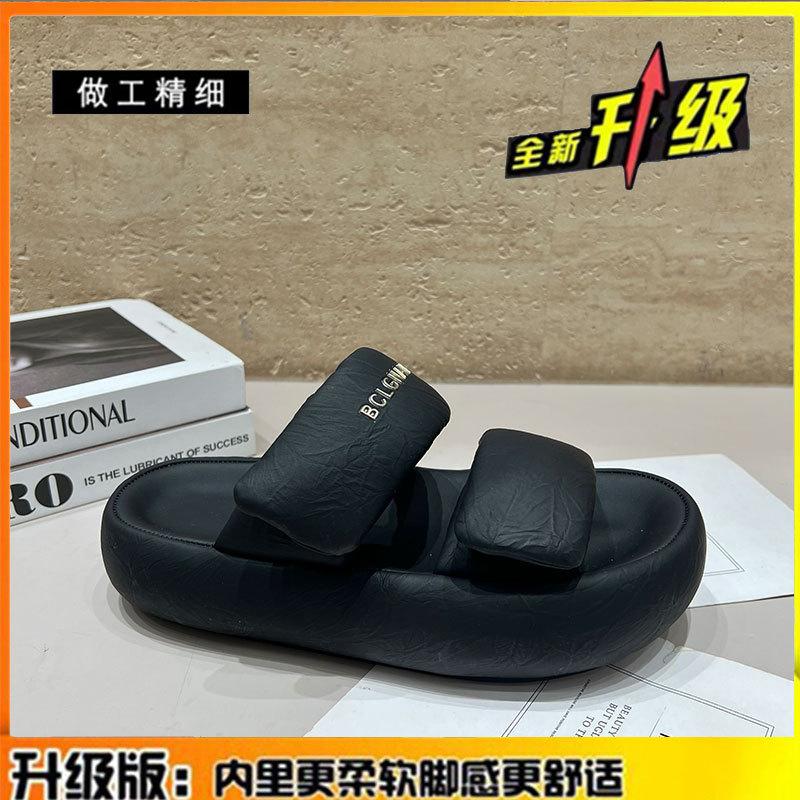 Leather thick-soled one-word slippers women wear summer bread cool slippers Velcro casual women's shoes