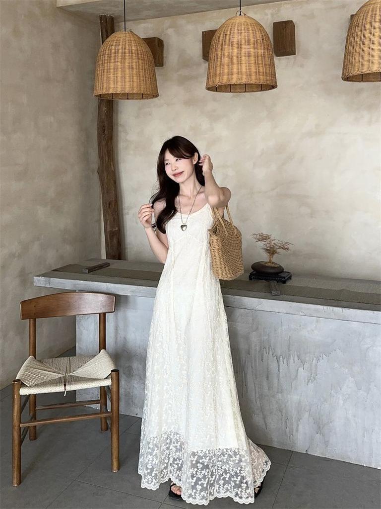 Elegante Abito Sottoveste Estivo in Poliestere e Pizzo con Scollo Quadrato per la Vacanza delle Donne