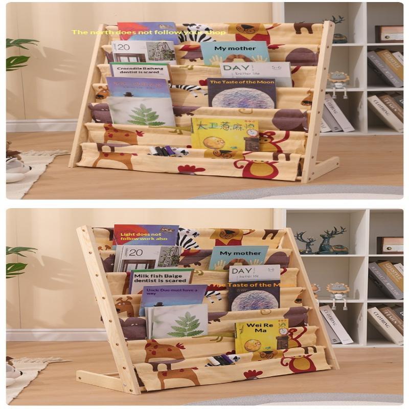 Solid Wood Kids Sling Bookshelf With Canvas Pockets And Large Capacity Perfect For Nursery Playroom Bedroom