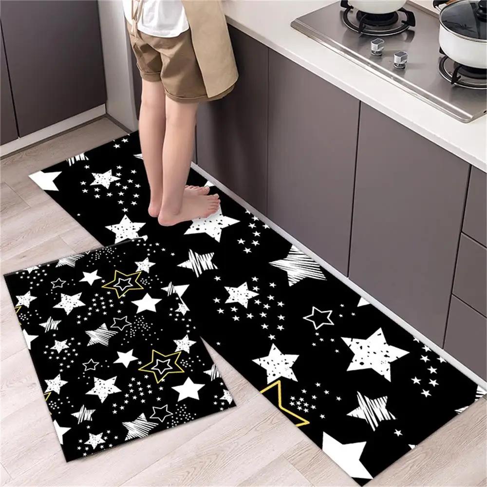 Black White Moroccan Pattern Kitchen Mat Non-Slip Machine Washable Rug Set for Home Decor Anti-Fatigue Floor Mats