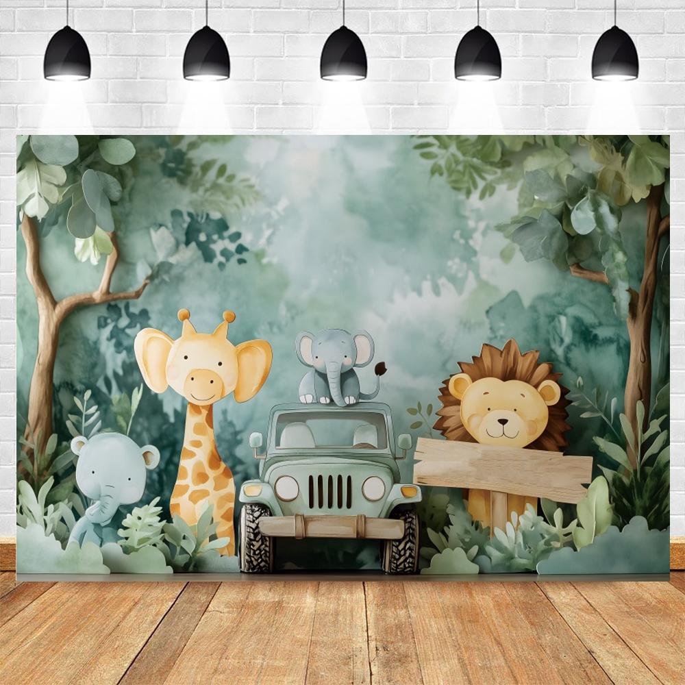 Safari Tropical Jungle Animals Baby 1st Birthday Party Photography Backdrop Wild One Baby Shower Photo Background Photo Studio
