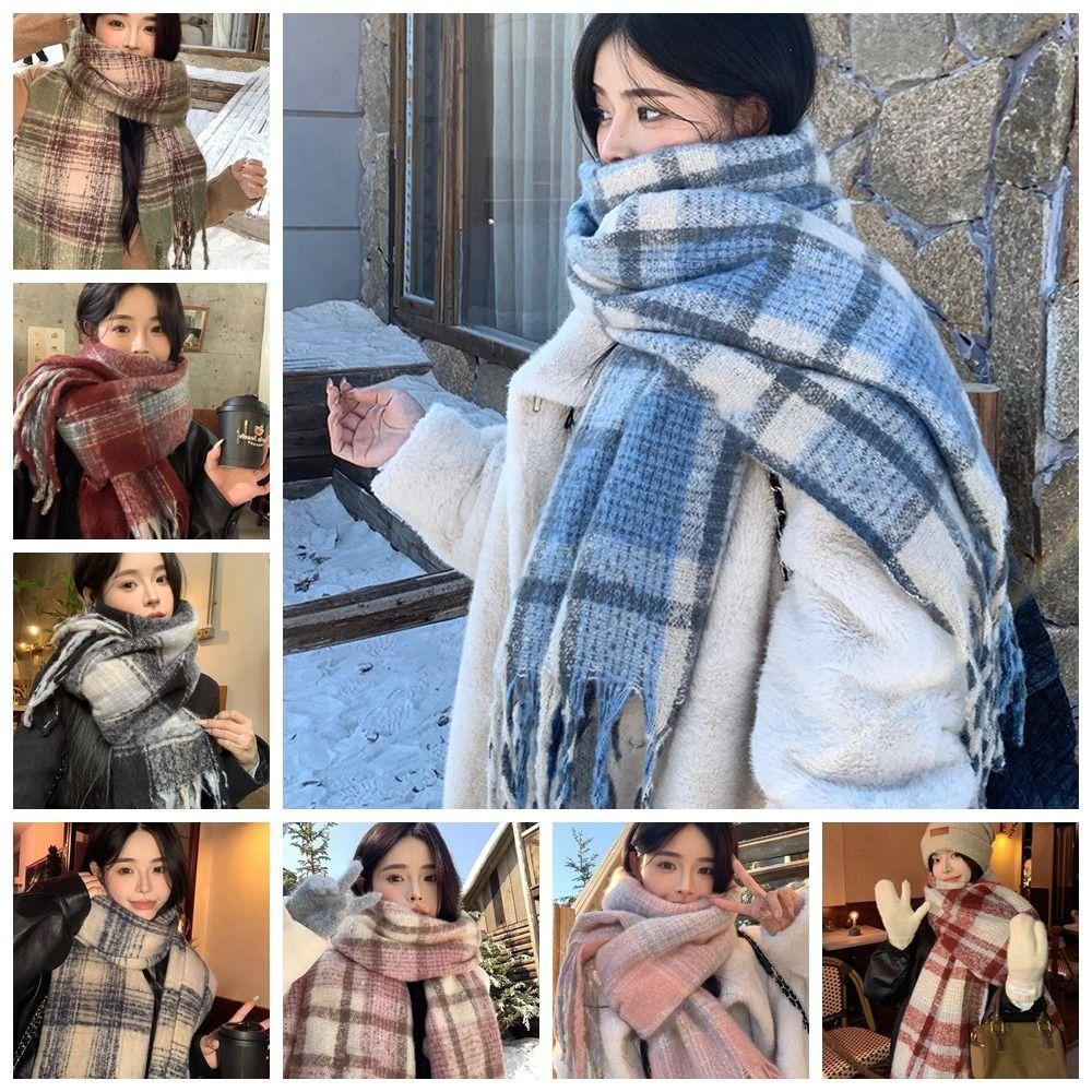 Plush Plaid Wool Scarf Mohair Long Shawl Simple Winter Cashmere Scarves Autumn Winter