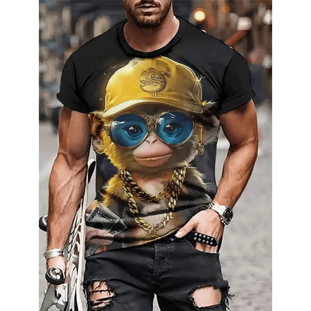 Summer Men Monkey Pattern T-Shirt Hip Pop Short Sleeve Fashion Comfortable Soft Large Size Round Neck T-Shirt