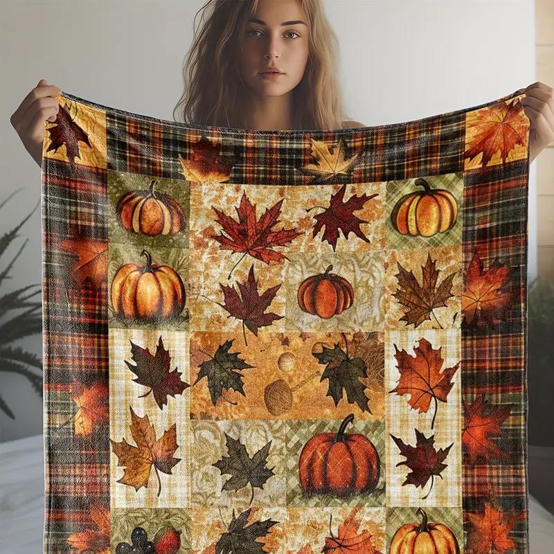 Flannel Autumn Quilted Blanket Colorful Fall Leaves Pumpkins Pattern Cozy Warm Throw For Home Decor Living Room Sofa Bed Use