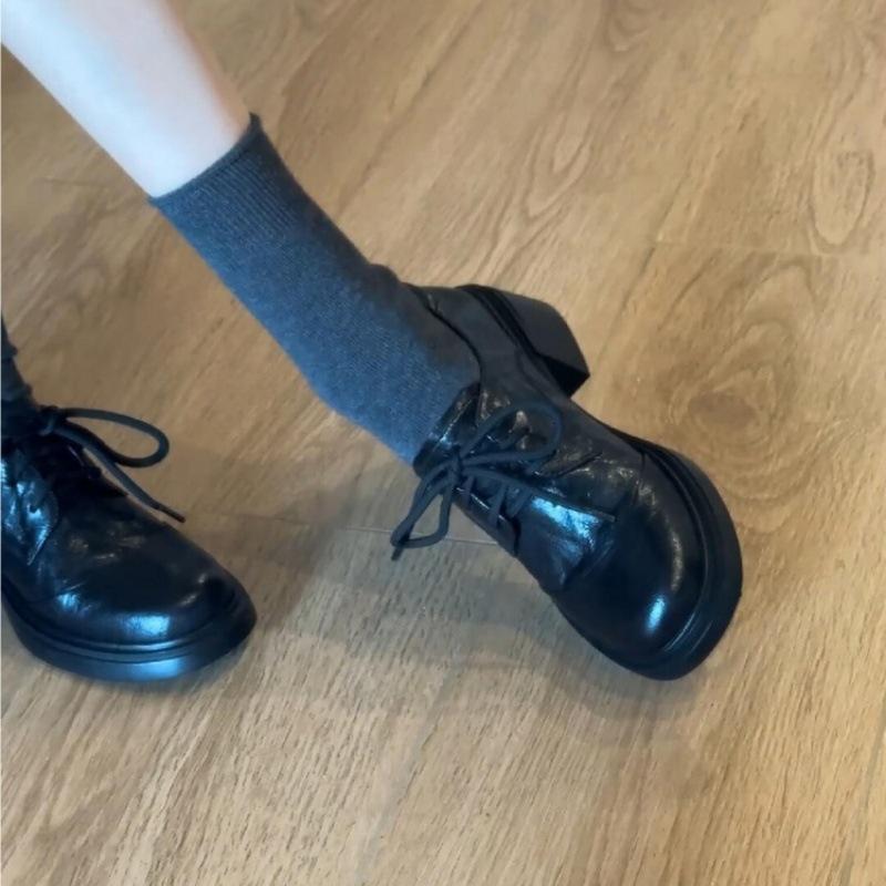 Sheepskin version~ British style retro platform loafers women's 2025 leather versatile round head lace-up commuter small leather shoes