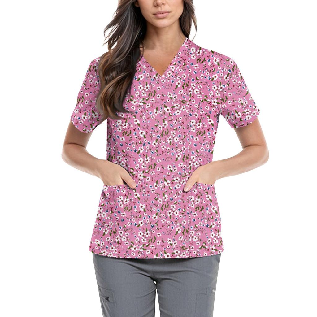 Women's Cute Printed Work Clothes V-neck Double Layer Pockets Basic Short Sleeve Top Pullover Valentines