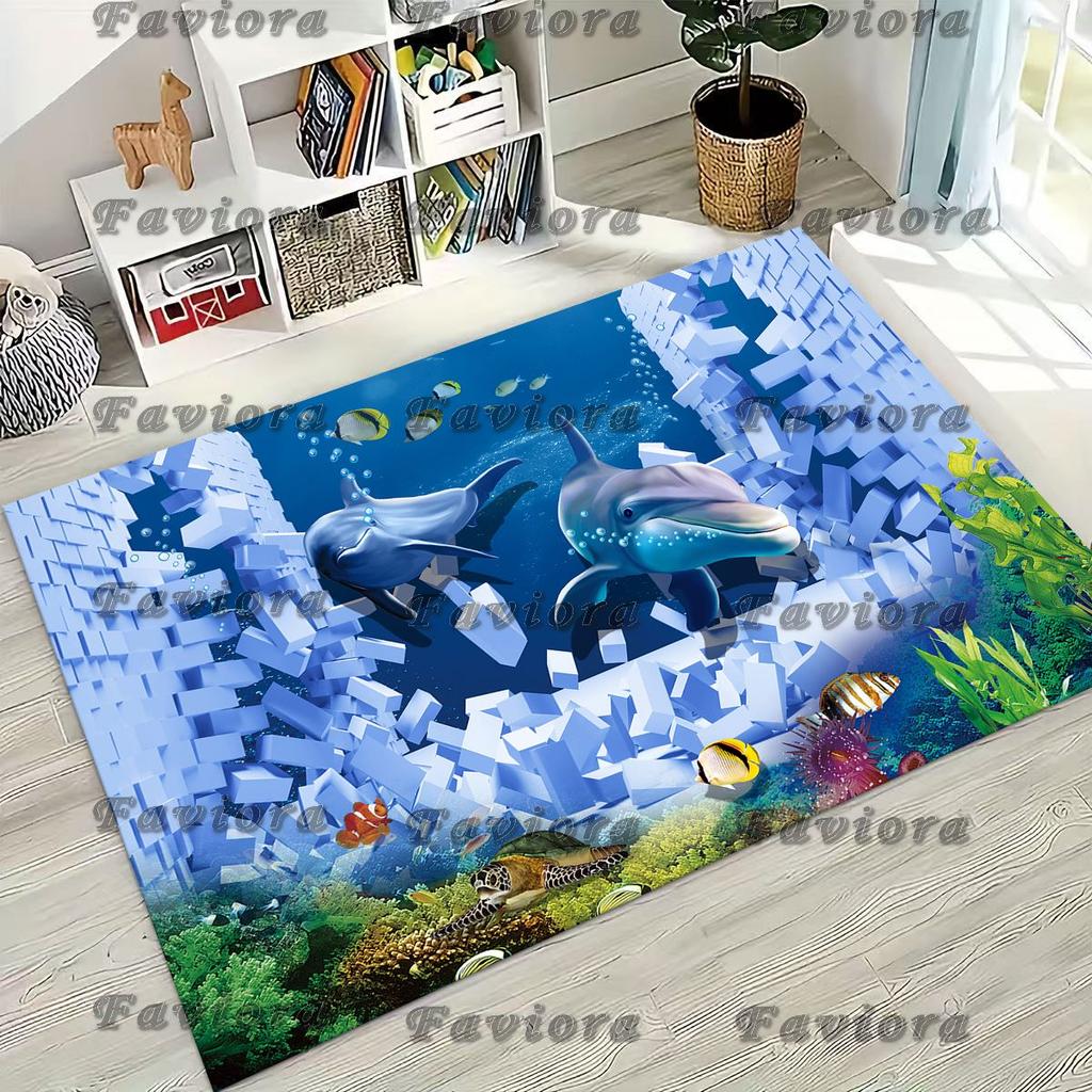 27 Style 3D Illusion Sea Underwater World Dolphin Rug for Bedroom Living Room Sofa Home Doormat Decor, Kids Non-slip Floor Mat