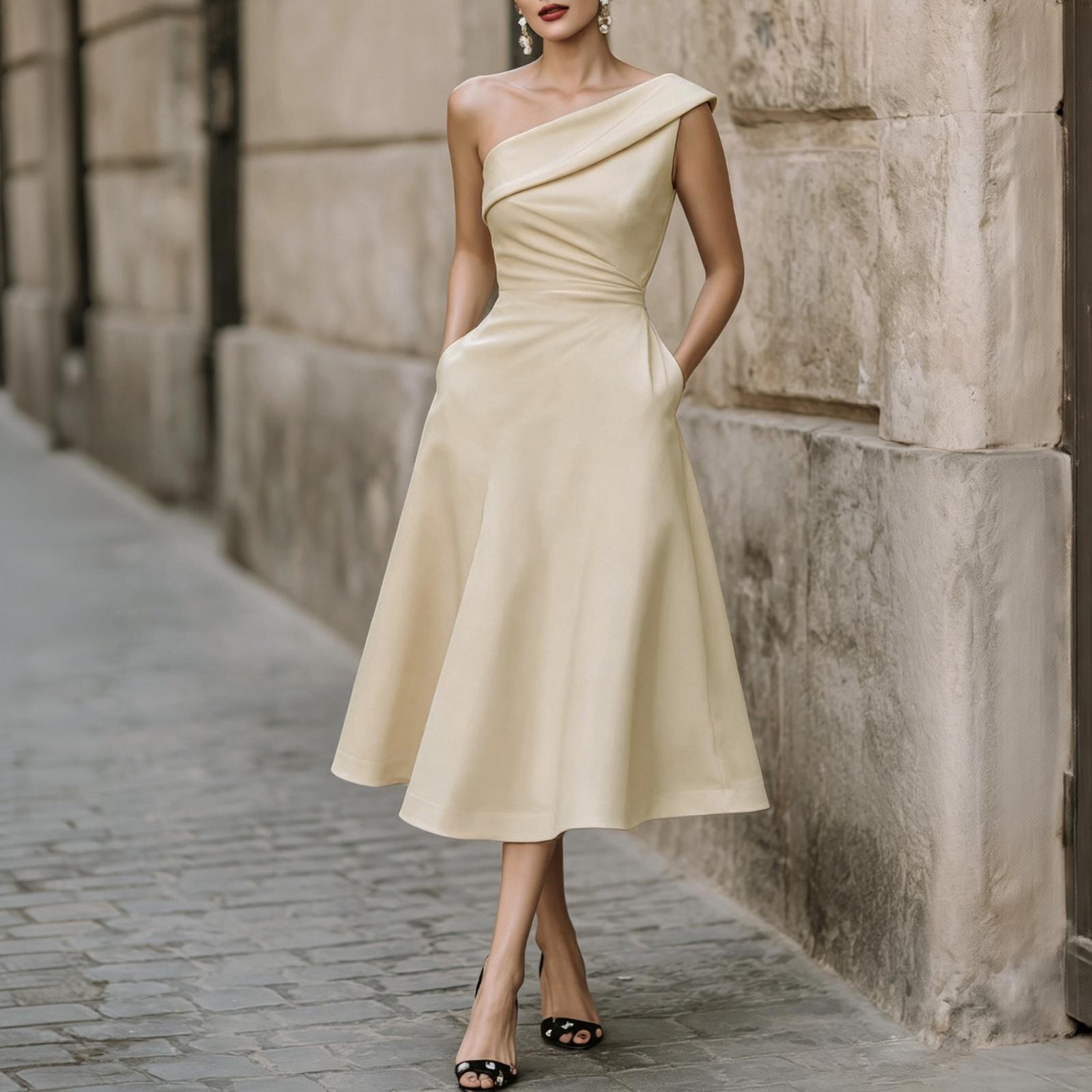 Women One Shoulder Dress Sleeveless Waist Cinched Flared Hem Midi Dress Elegant Evening Party Dress XXL белый