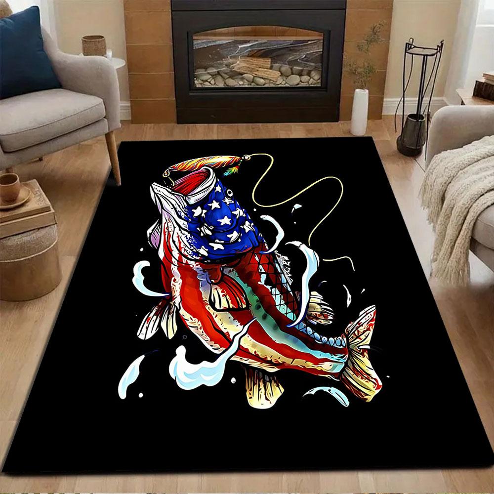 Patriotic Fish Art with Stars and Stripes Patterned Carpet, Non Slip Mat Suitable for Living Room and Bedroom Sofas