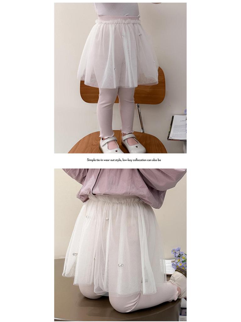Pantalon en maille pour filles Printemps & Automne avec Jupe en Gaze Perle - Leggings Élégants Deux-en-Un pour Bébés Filles