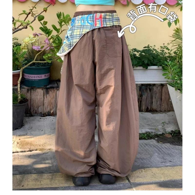 Retro Contrasting Tooling Paratrooper Pants Women's Summer Quick-drying Trousers Pleated Design Loose Wide-leg Trousers