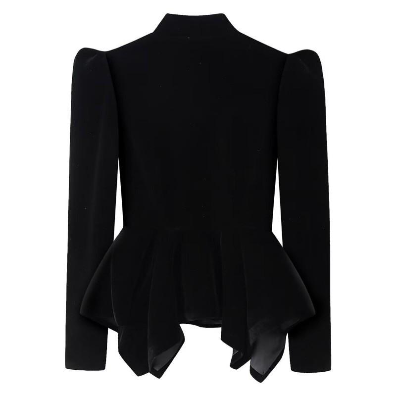 Womens Elegant Velvet Long Sleeve Blazer With Cutout Neckline Puffed Stand Collar Slim Fit 2026
