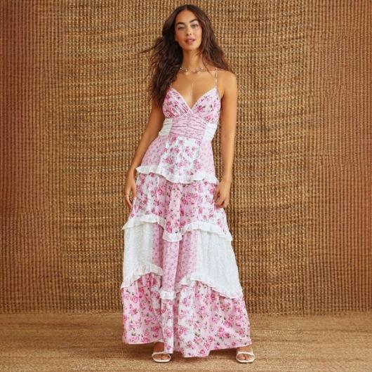 Women'S Sleeveless Suspender Digital Printing Long Dress Splicing Skirt