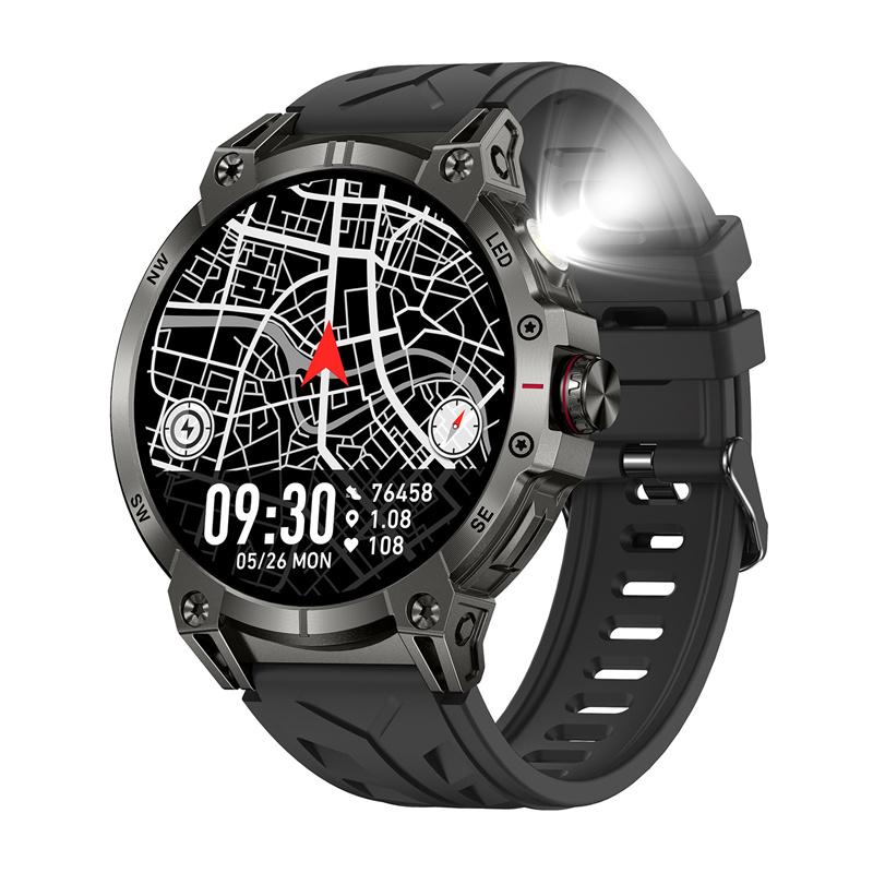 KC89 Smart Watch Men Outdoor Sports LED Flashlight Copmpass Bluetooth Call AI Voice Health Monitoring Fitness Track Smartwatch
