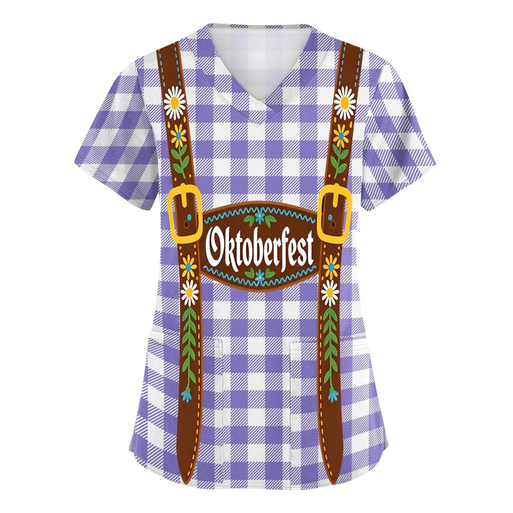 Women's V Neck Short Sleeve Work Shirt with Pockets Oktoberfest Print Lightweight Comfortable Fit Casual Top for Healthcare and Service Staff