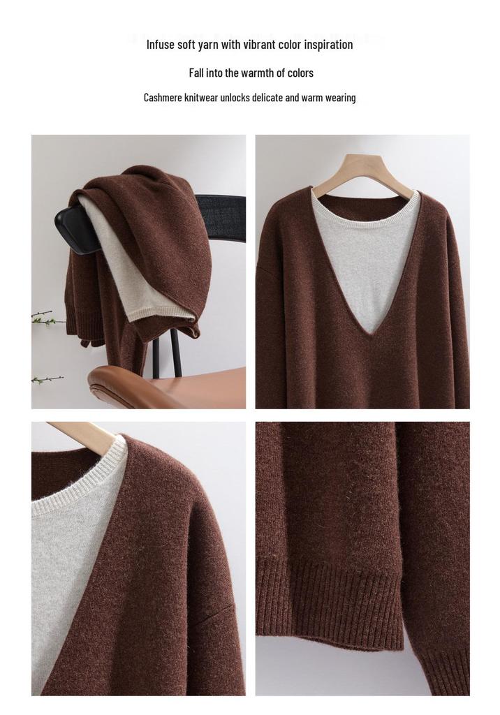 Women's Color Block Cashmere Sweater, Double Collar Two-Piece Design, Versatile Knitwear for Autumn/Winter.