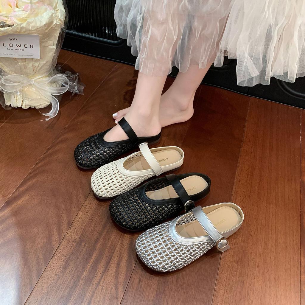 Woven Hollow Bag Head Half Slippers Women's Outer Wear 2025 Spring and Summer Retro Versatile Flat Soft Bottom Lazy Slippers Comfortable
