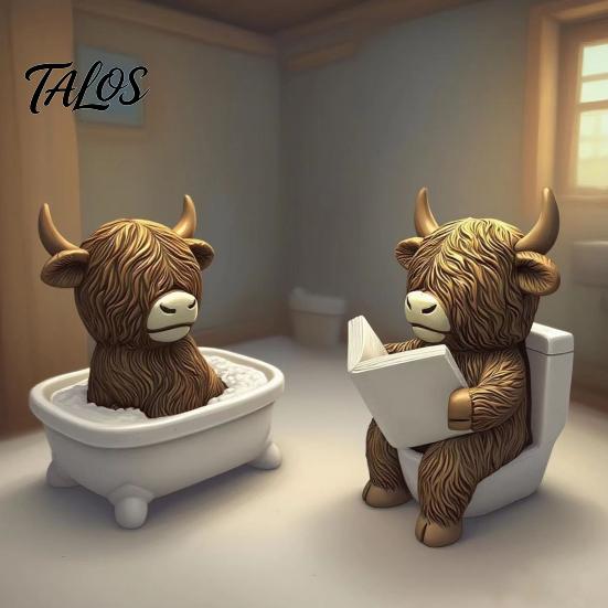 Decorative Cow Statue Highland Bathroom Figurine Funny Scottish Cattle Sitting on Toilet Resin Calf Bedroom Animal Ornament Bathing Sculpture for Home