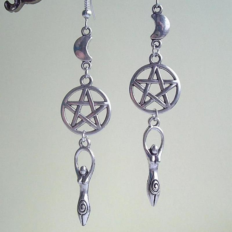 Cross-Border Trade Goddess Pentagram Moon Earrings - Pagan Witchcraft Design