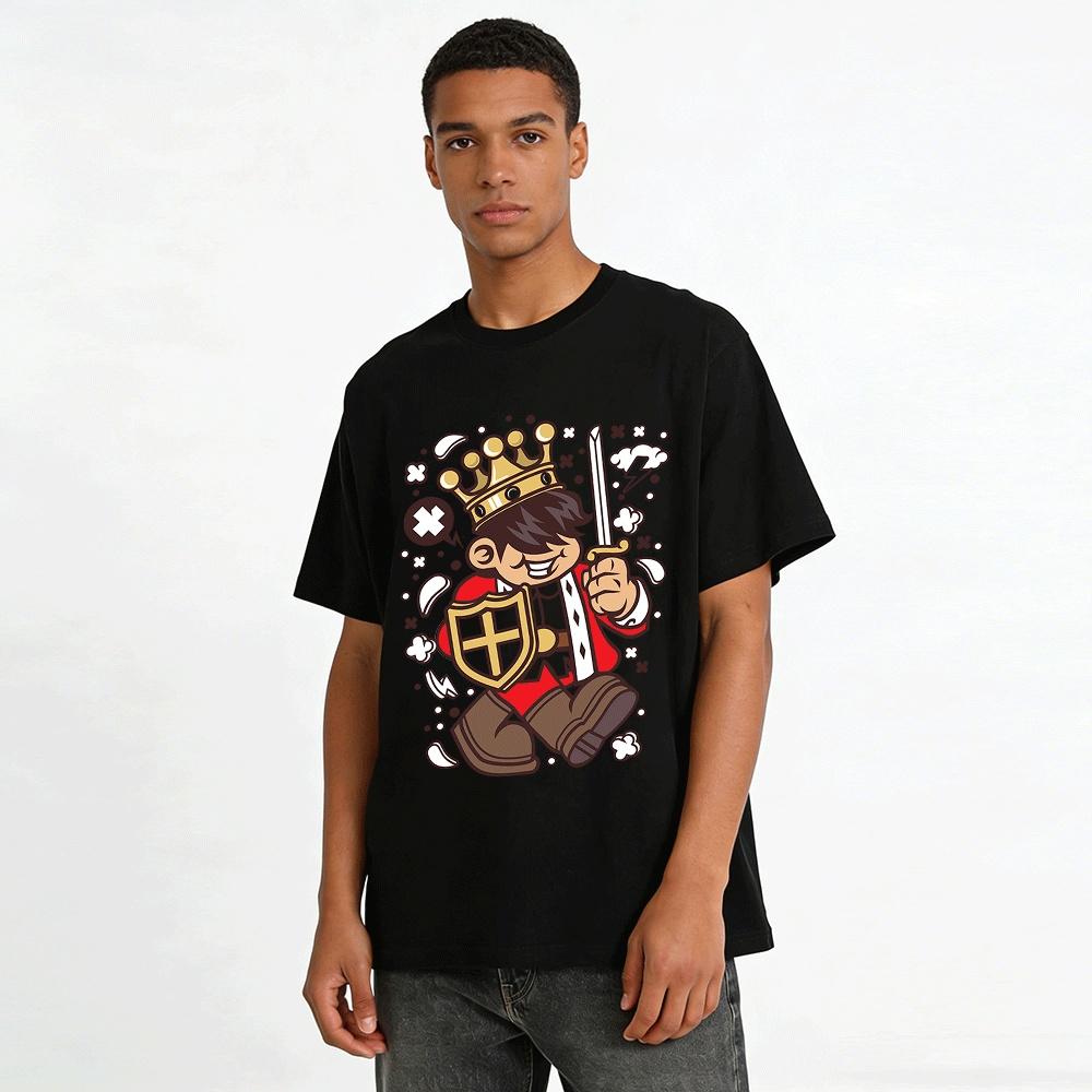 Cool Cartoon King With Sword And Shield Graphic Casual T-Shirt Pure Cotton T-shirt