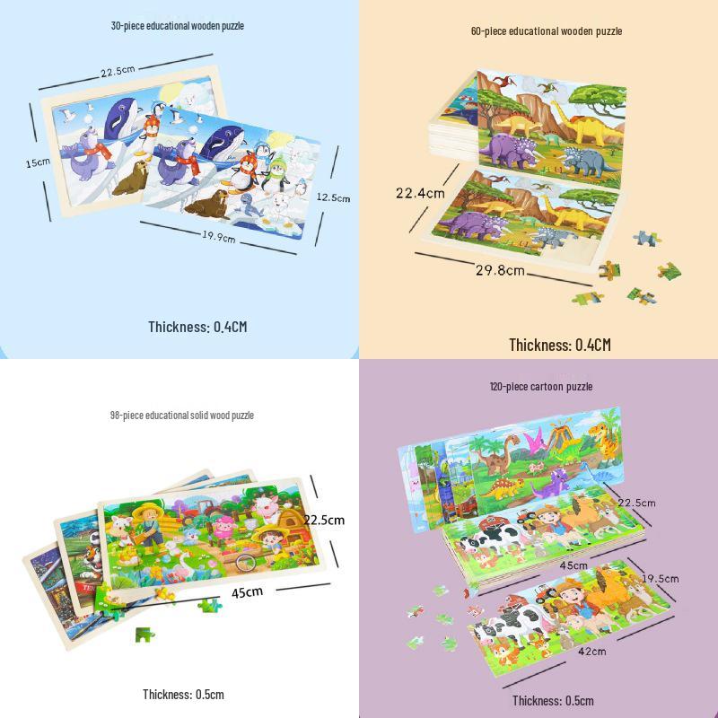 Wooden Animal Cartoon Jigsaw Puzzle Board - 30, 60, 98, 120-piece Toy for Early Childhood Education