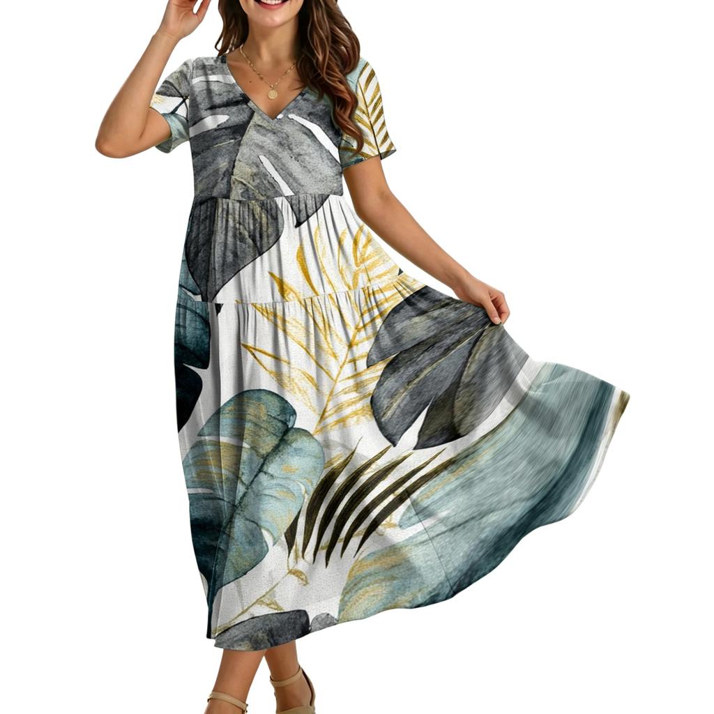 Robe longue à fleurs style bohémien pour femmes, décontractée, ample, manches courtes, longue, Maxi, robe de plage, été