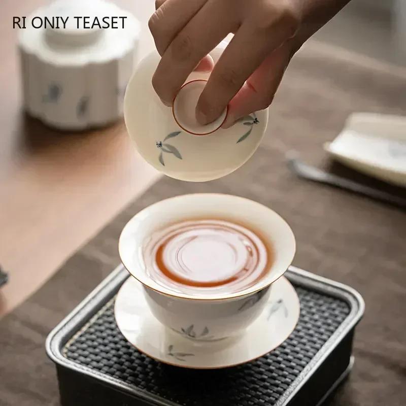 Chinese Hand Painted Orchid Ceramic Gaiwan Handmade Porcelain Teacup Travel Portable Tea Bowl Household Tea Set Teaware 160ml
